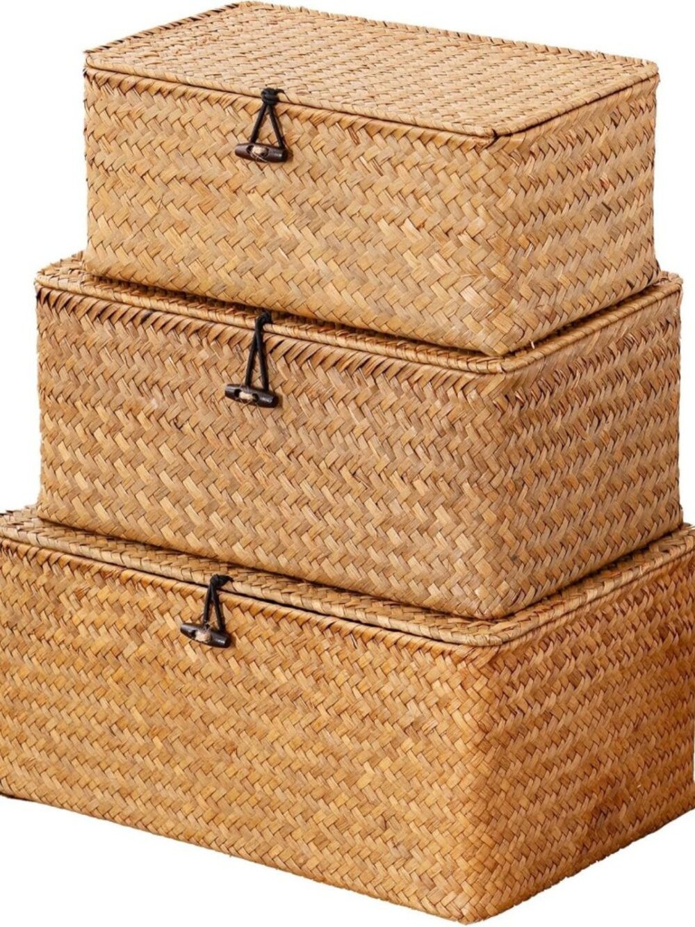 Natural Wicker Storage Baskets with Lids - Set of 3 Seagrass Shelf Organizers